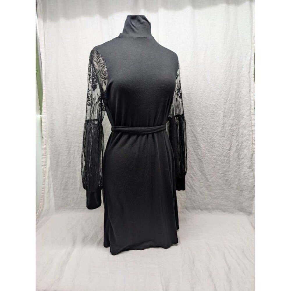 women's size large black mini dress long lace sleeves turtle neck winter goth I2 - Picture 1 of 9